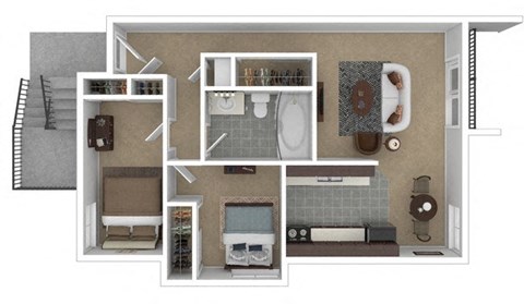 Floor plan for 2 beds, 1 bath, 764 sqft